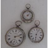 Two silver cased fob watches; and a Waltham silver cased pocket watch, faced by a Roman dial,