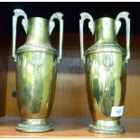 A pair of Daalderop, Tiel, Holland Art Deco, twin handled brass vases of shouldered baluster form