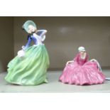 Two Royal Doulton china figures, viz. 'Autumn Breezes'  HN1913  7.5"h; and 'Polly Peachum'  HN549