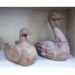 Two vintage carved wooden standing duck papier mache moulds  9" & 14"h