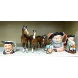 Three Beswick china models, standing horses  largest 8"h; and three Royal Doulton character jugs: to