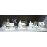 Eight Coalport china cottage style pastille burners: to include 'The Provision Shop'  4.25"h; and '