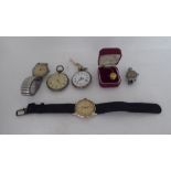 Two engraved silver cased fob watches, faced by Roman dials; and three wristwatches: to include a