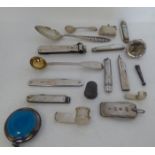 Silver collectables: to include a pocket cigar cutter; three penknives; and a part enamelled,