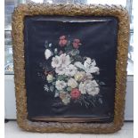 A painted on fabric panel, depicting mixed wild flowers, on a black ground  24" x 20" in a moulded