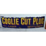 A vintage blue, yellow and red enamelled steel advertising sign for 'Coolie Cut Plug Tobacco'  15" x