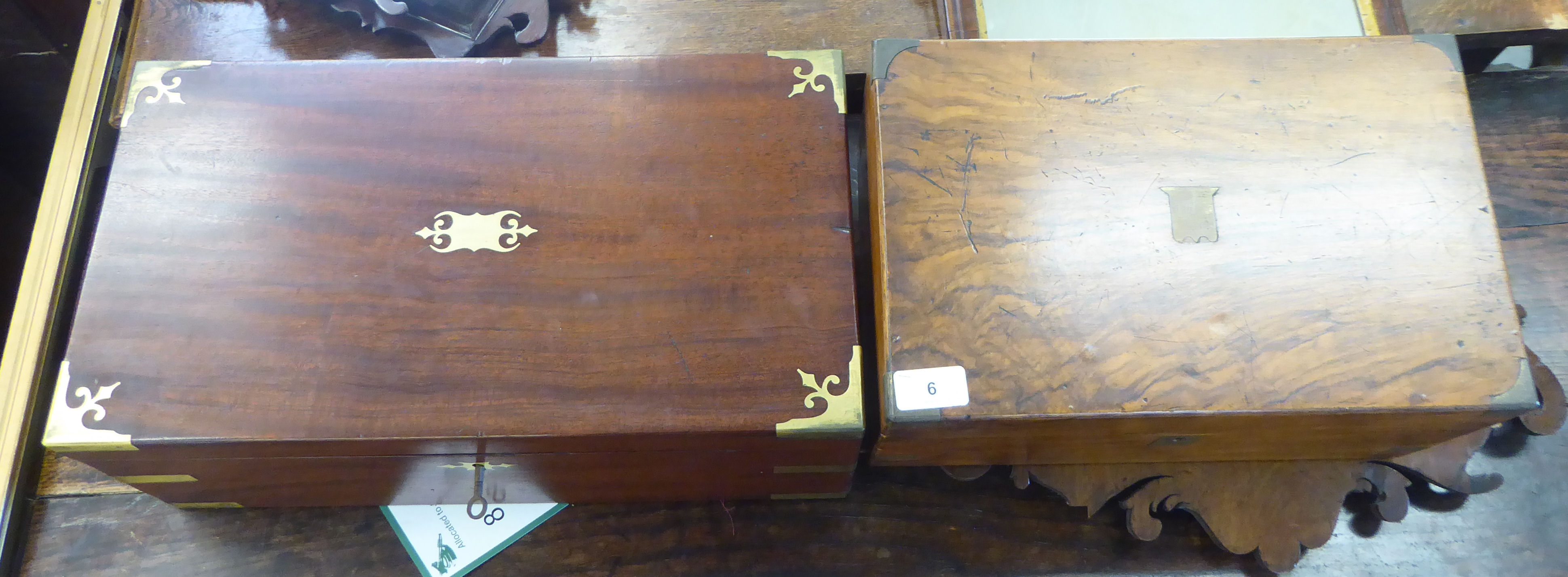 Two 19thC mahogany writing slopes with straight sides and hinged lids  6"h  14"w and 6"h  18"w - Image 6 of 6