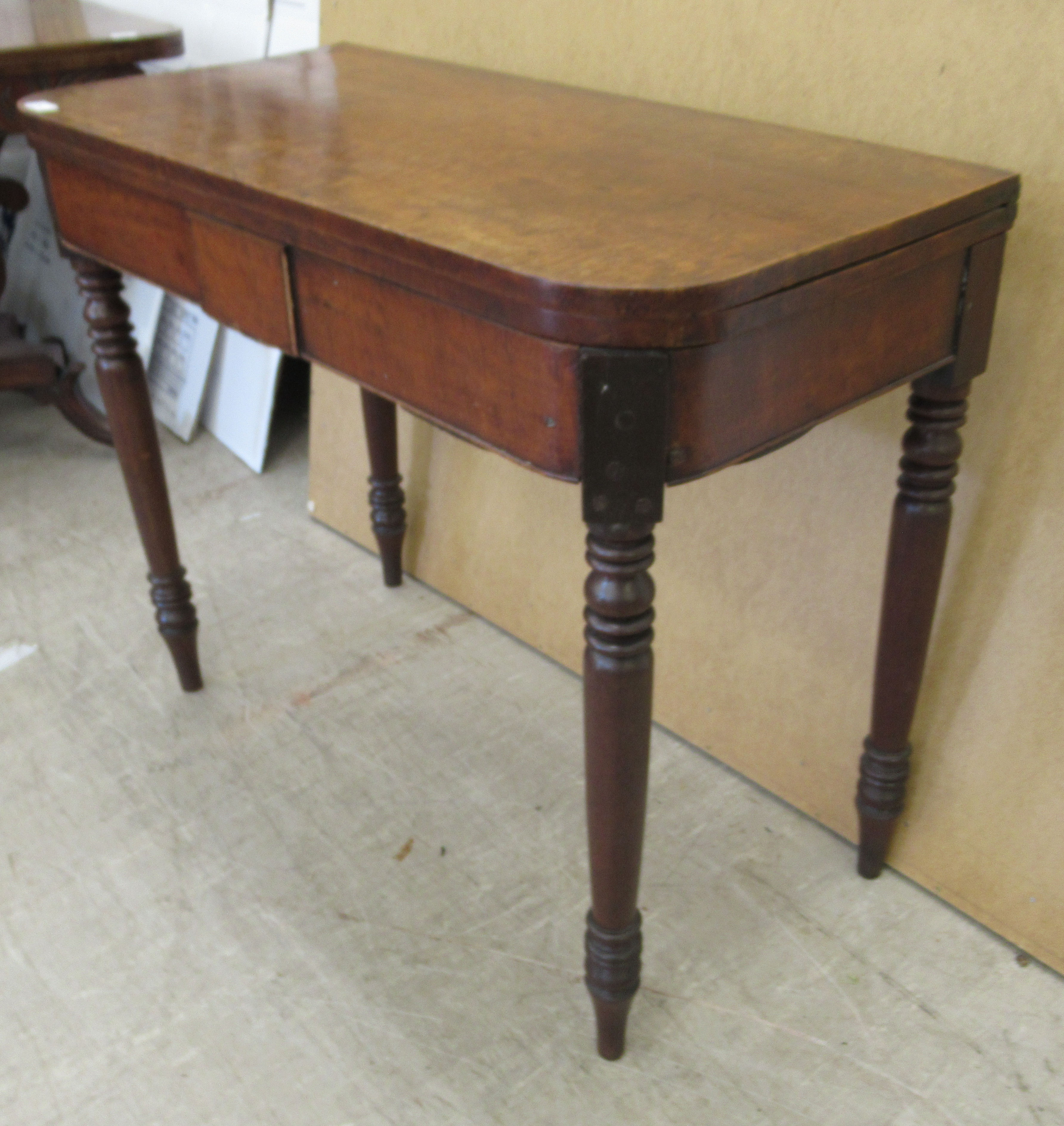 A George III mahogany bow front tea table, the rotating foldover top raised on ring turned, - Image 3 of 5