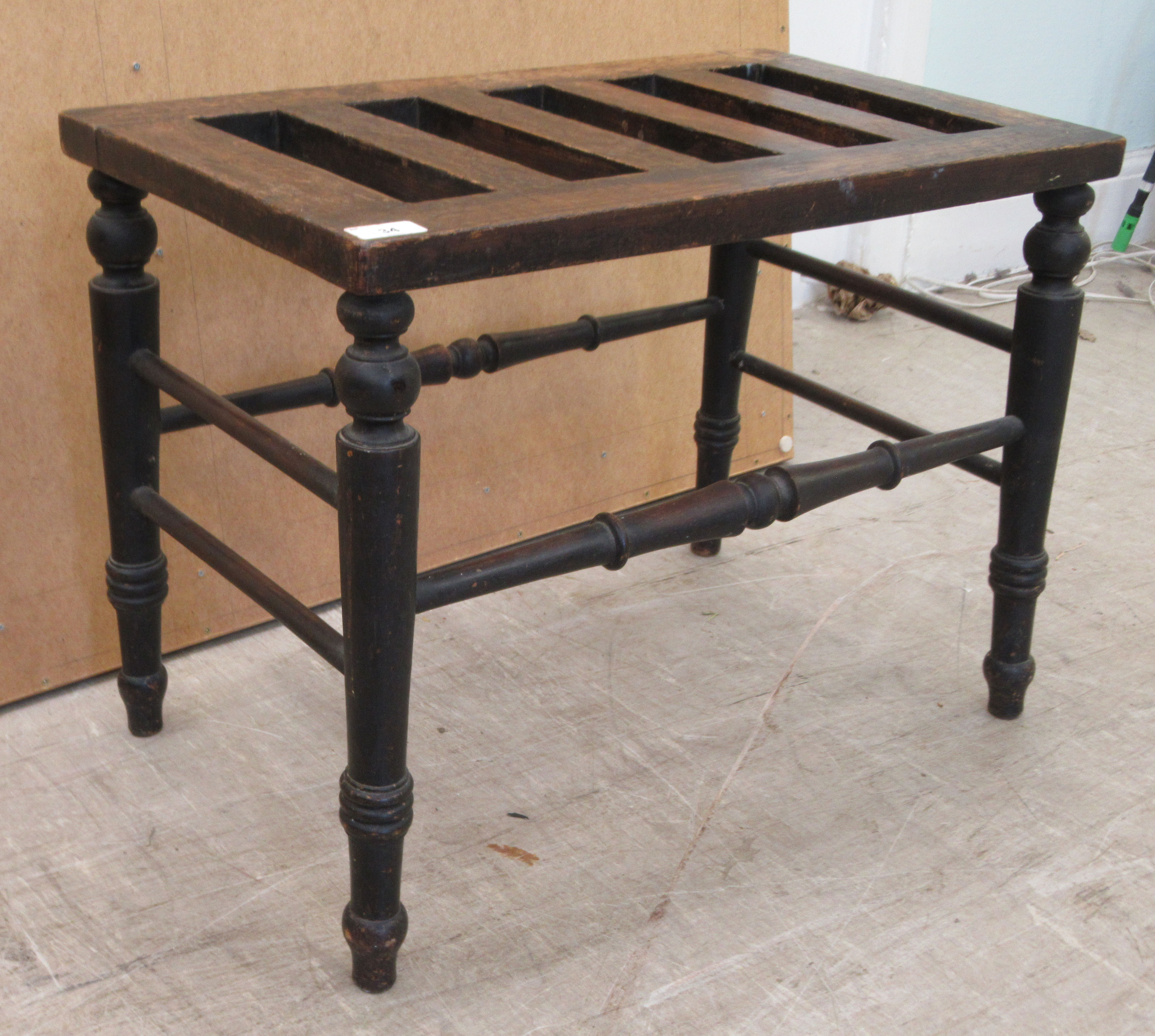 A late Victorian oak luggage stand, raised on turned legs, united by spindle stretchers  18"h  24"w - Image 2 of 3