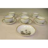Six 18thC almost identical porcelain tea cups and saucers, variously bat printed with (non matching)