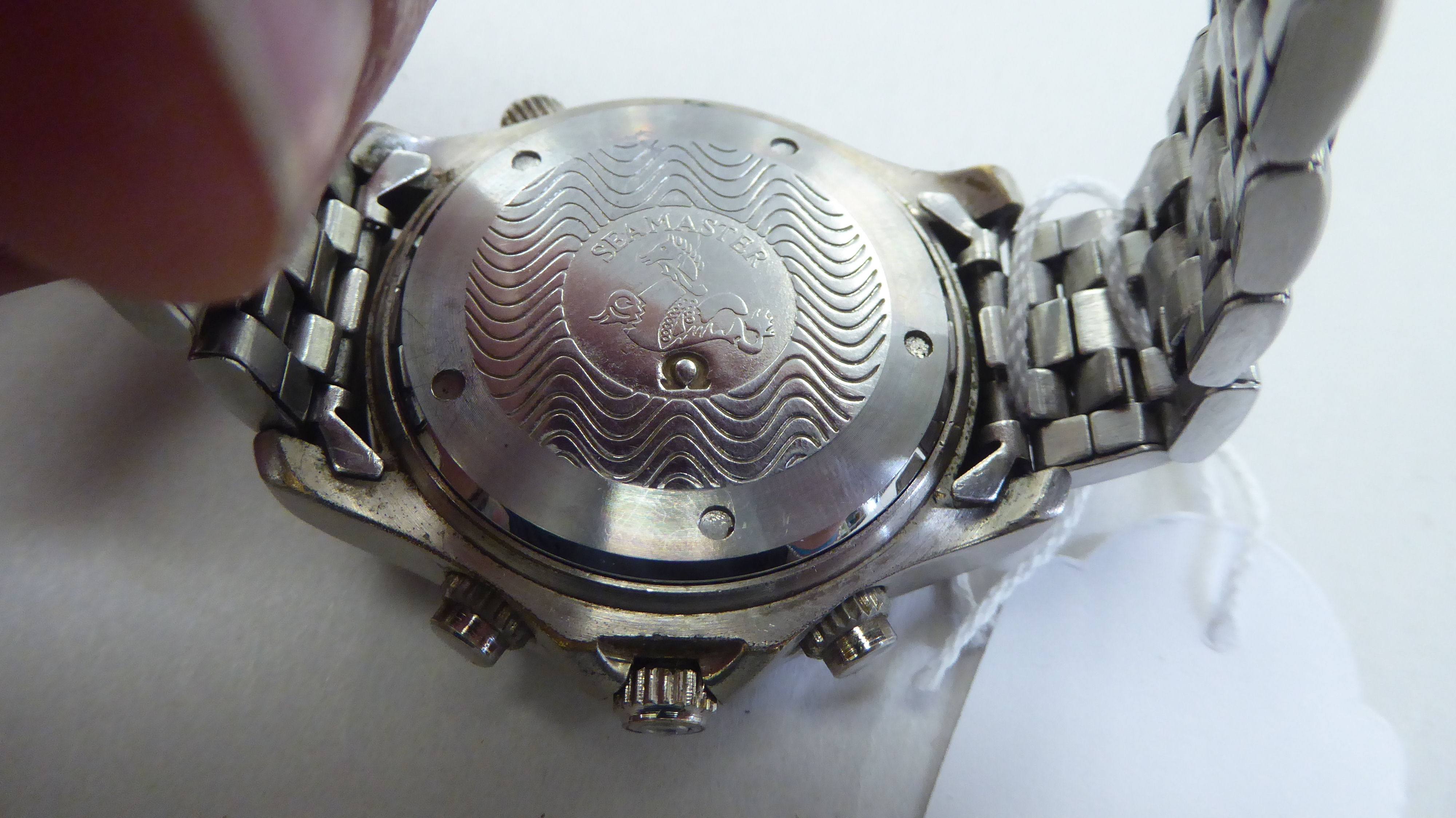 A modern stainless steel cased bracelet wristwatch, faced by a black baton dial, incorporating three - Image 3 of 6