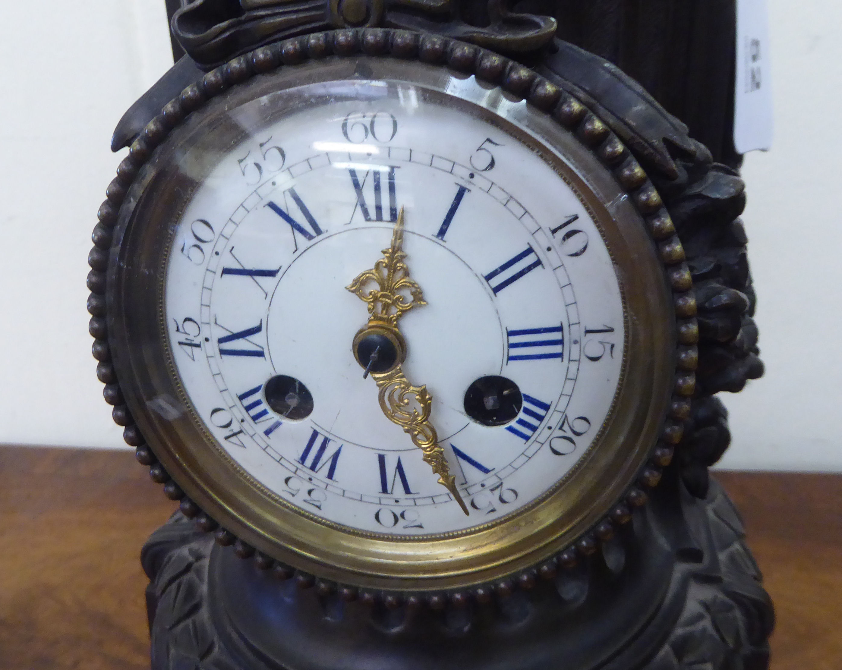 A reproduction of a 19thC French bronzed finished mantel clock; faced by a Roman dial  14"h - Image 3 of 7