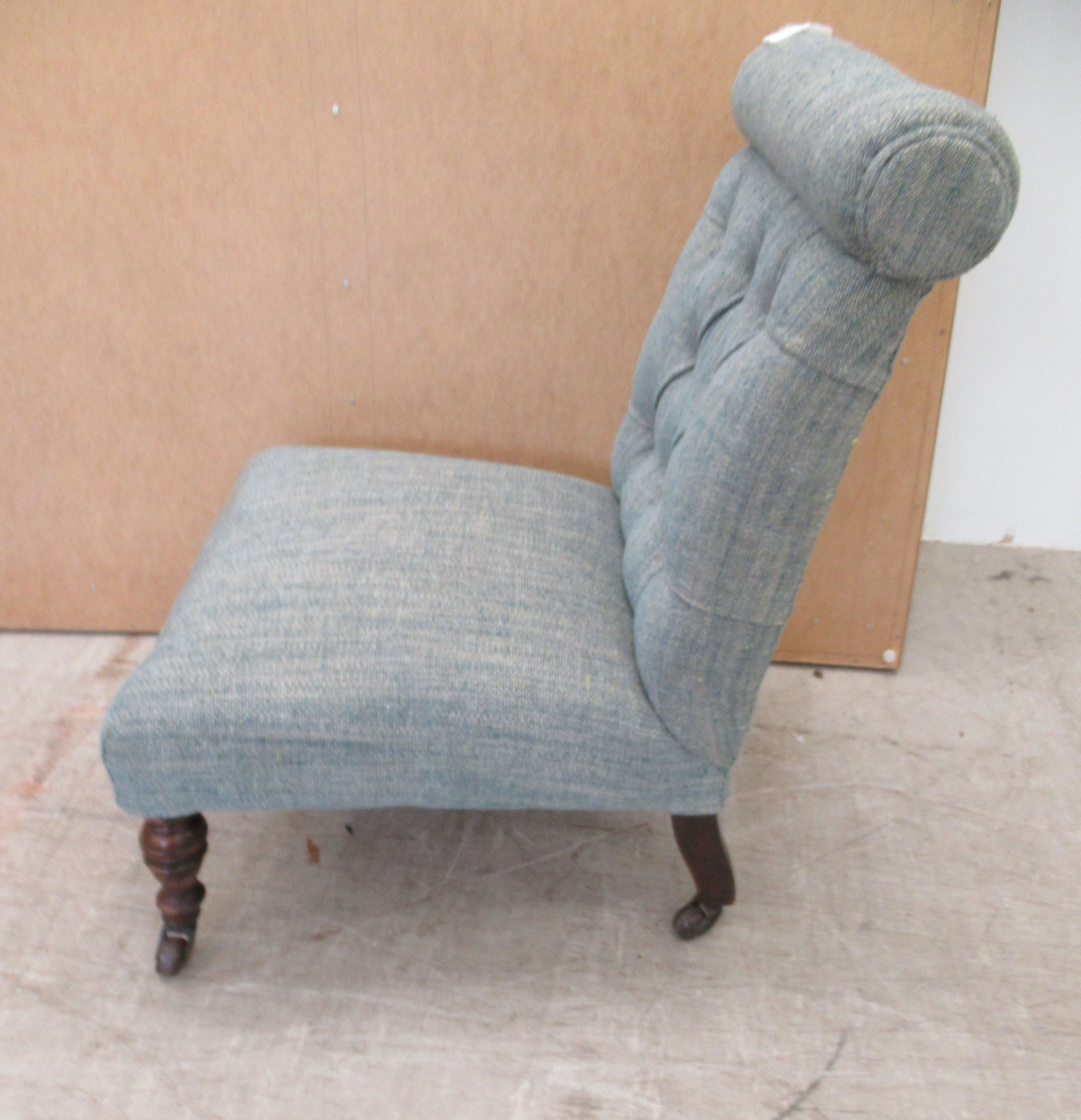 An Edwardian nursing chair, later upholstered in multi-coloured fabric, raised on turned forelegs - Image 4 of 5