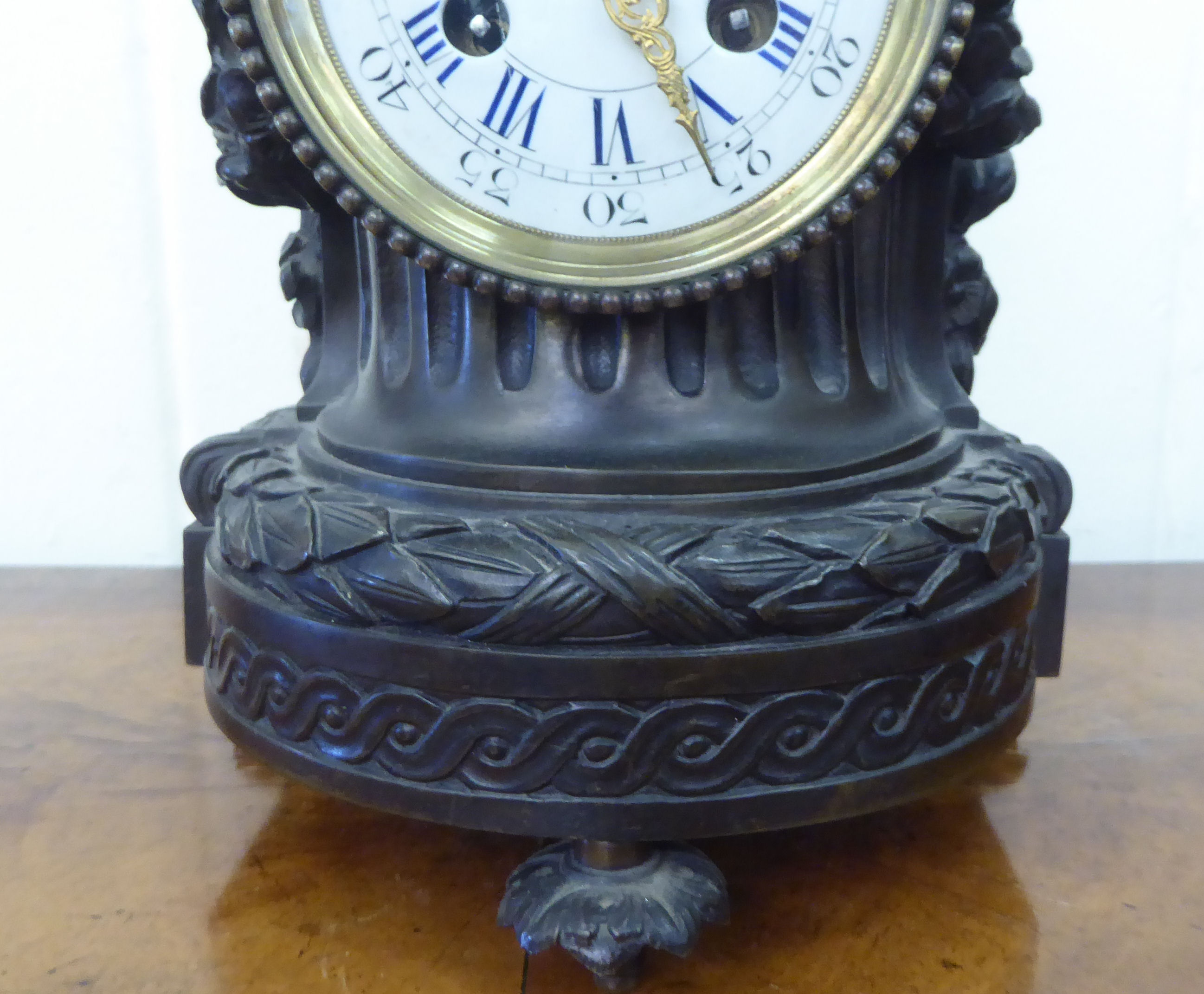 A reproduction of a 19thC French bronzed finished mantel clock; faced by a Roman dial  14"h - Image 2 of 7