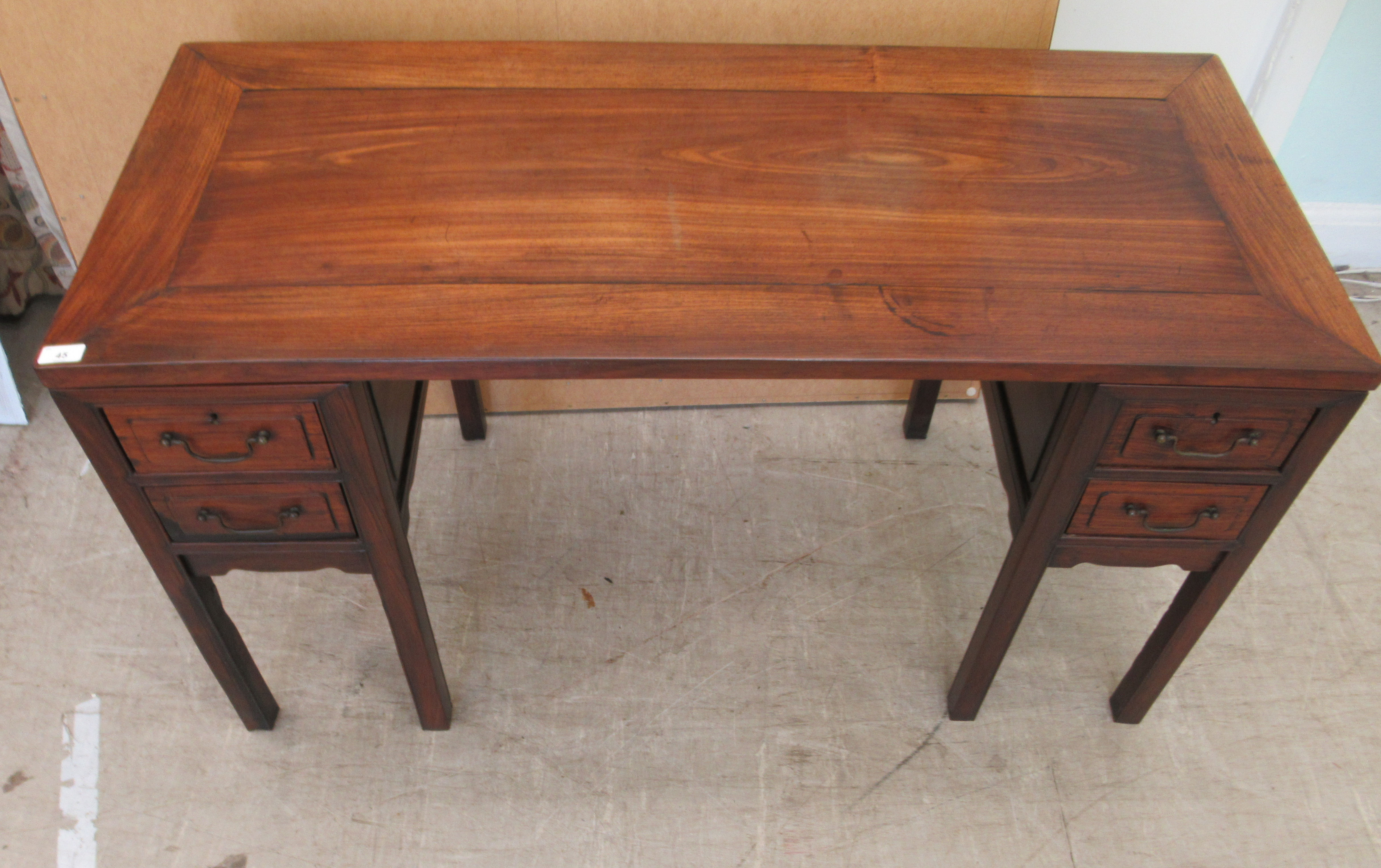 A 20thC Chinese mahogany desk with a platform top, on twin two drawer pedestals, raised on square - Image 2 of 6