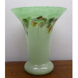 A Monart green glass trumpet design vase with multi-coloured swirling decoration  9.5"h