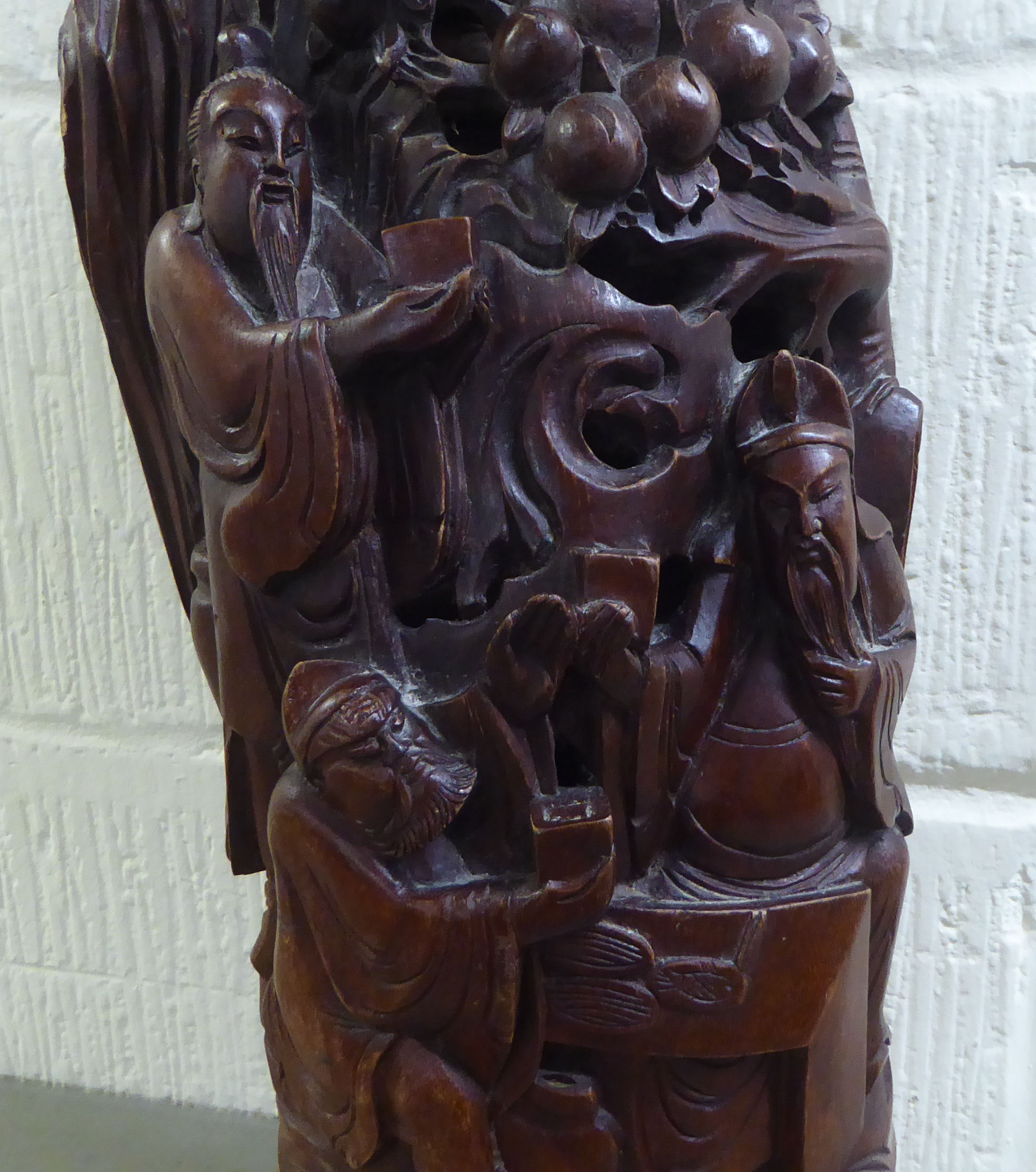 A 20thC Asian softwood carving, depicting figures presenting gifts  23"h - Image 2 of 5