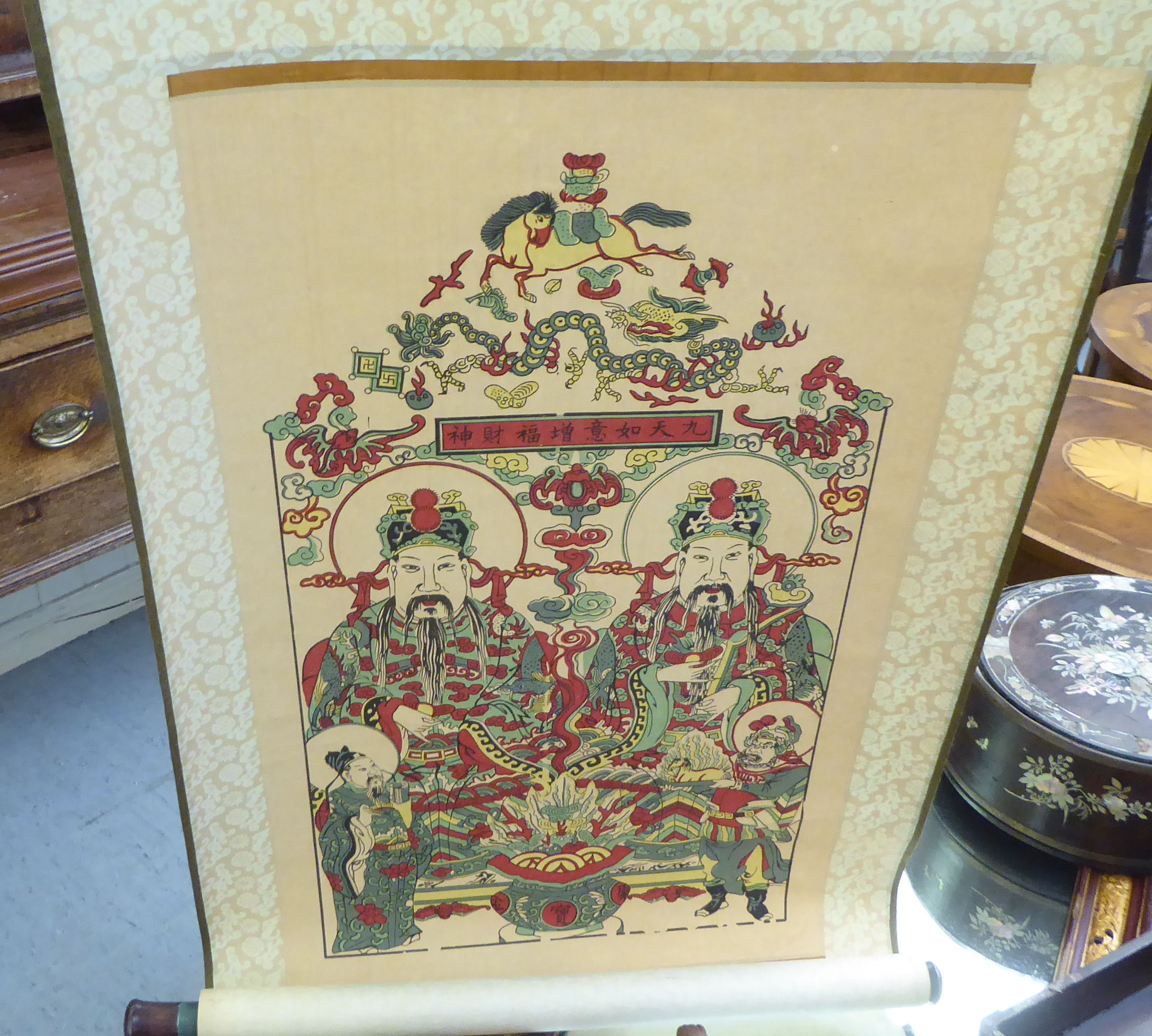 20thC Asian collectables: to include prints, a mirror  16" x 23" and mother-of-pearl inlaid items - Image 7 of 9