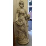 A composition stone figure, a maiden holding a child and a basket  34"h