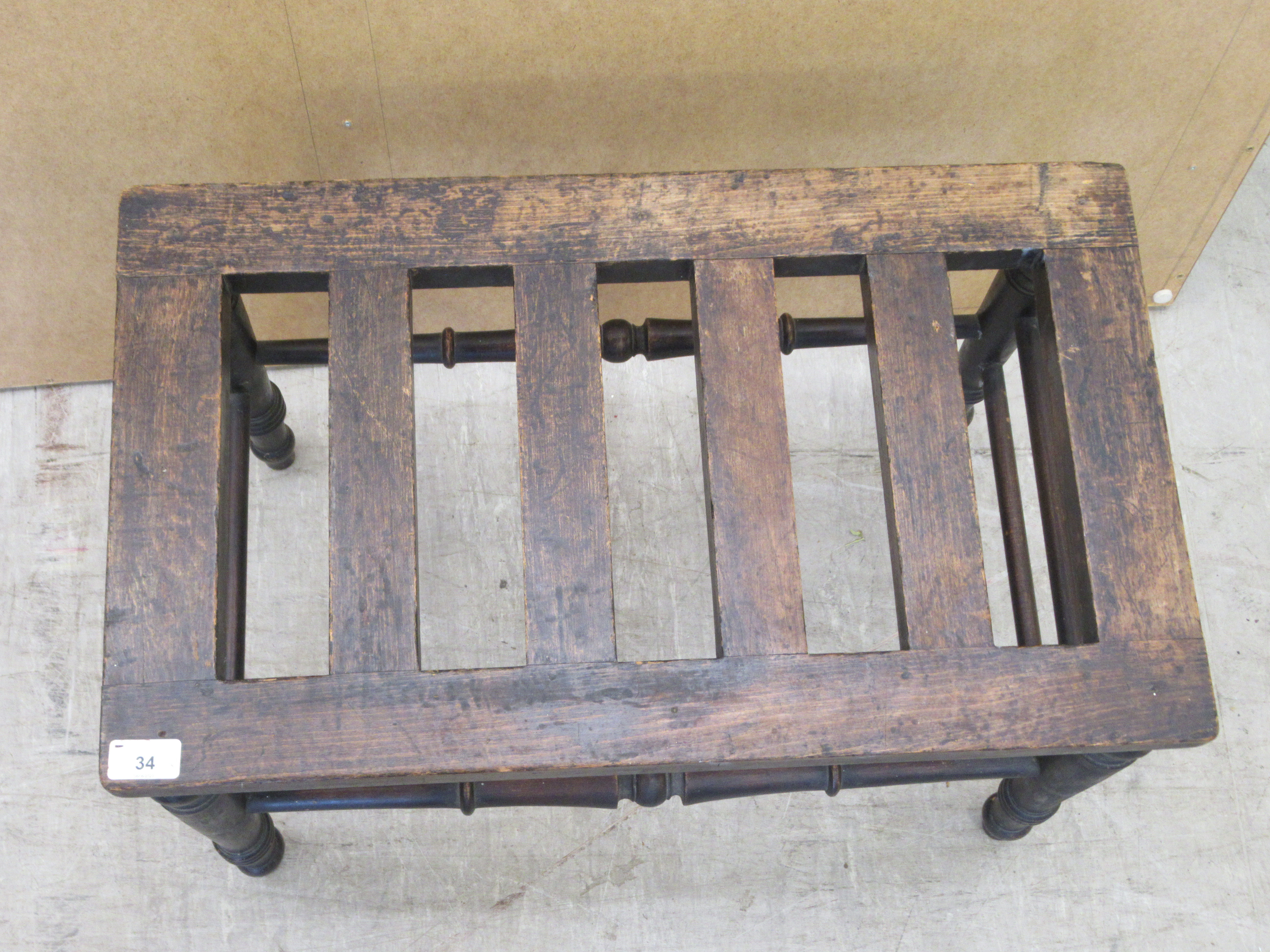 A late Victorian oak luggage stand, raised on turned legs, united by spindle stretchers  18"h  24"w - Image 3 of 3