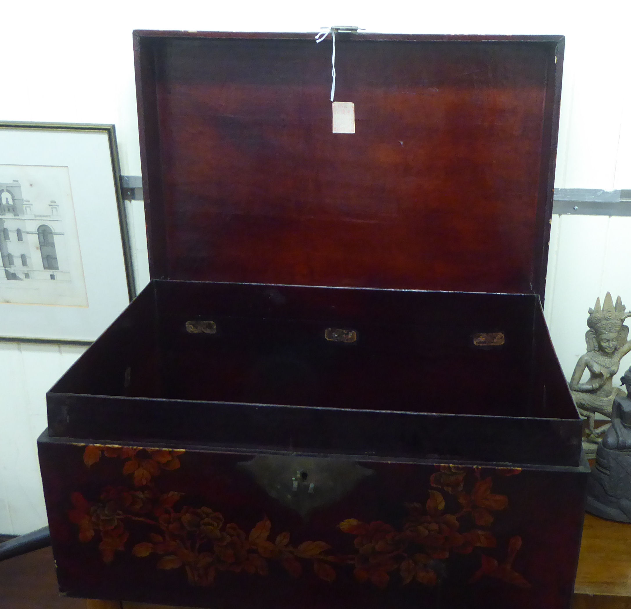 A 20thC Chinese painted blanket chest with straight sides and a hinged lid, on a plinth  14"h  27"w - Image 4 of 5