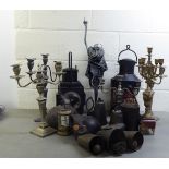 A mixed lot: to include two reproductions of black painted metal coaching lanterns  17"h