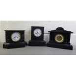 Three similar early 20thC slate cased mantel clocks  largest 14"h