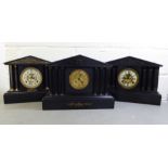 Three early 20thC slate cased mantel clocks of architectural form  largest 13"h  16"w