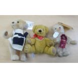 Three Merrythought Teddy bears, in tones of gold, two with mobile limbs  largest 12"h