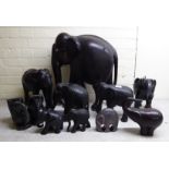 Elephant ornaments, mainly African carved wooden examples  largest 12"h