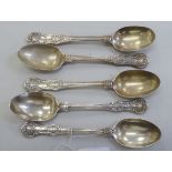 A set of five mid Victorian silver Queen's pattern teaspoons  London 1864