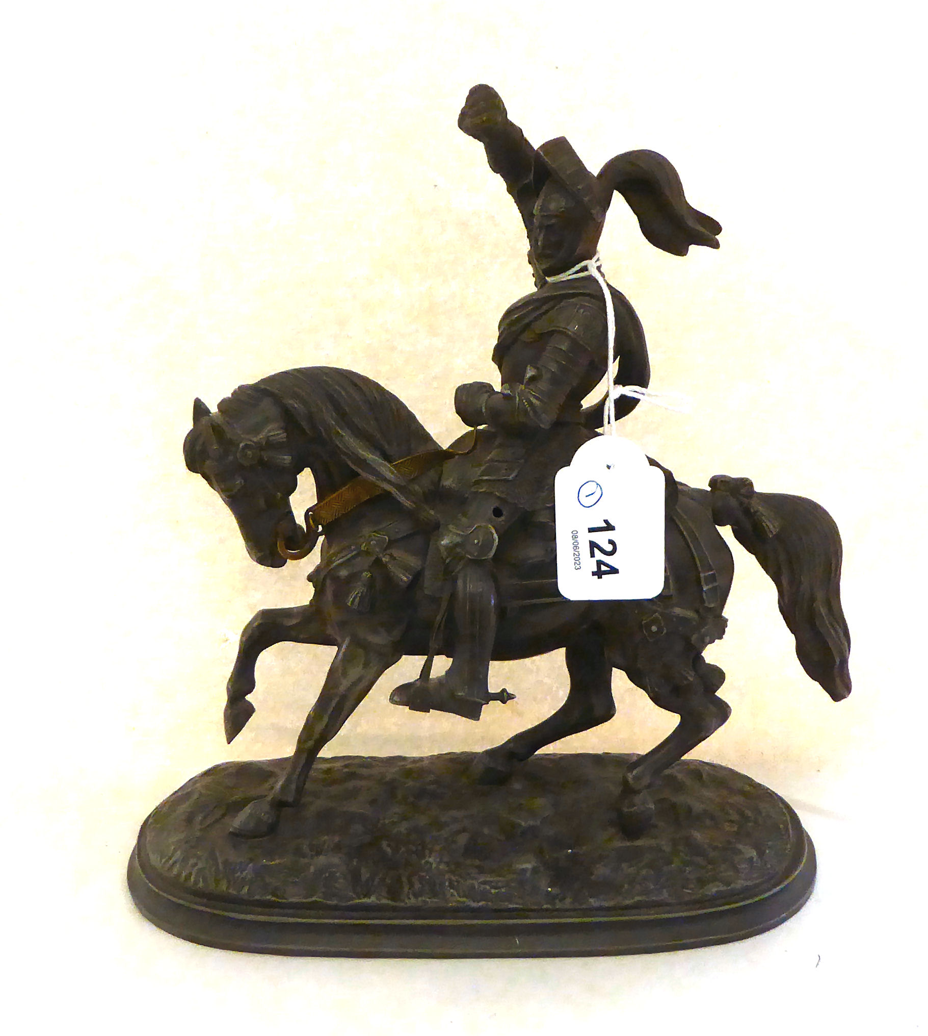 A modern spelter replica of a 19thC bronze figure, a knight on horseback  7"h