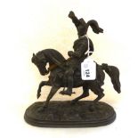 A modern spelter replica of a 19thC bronze figure, a knight on horseback  7"h