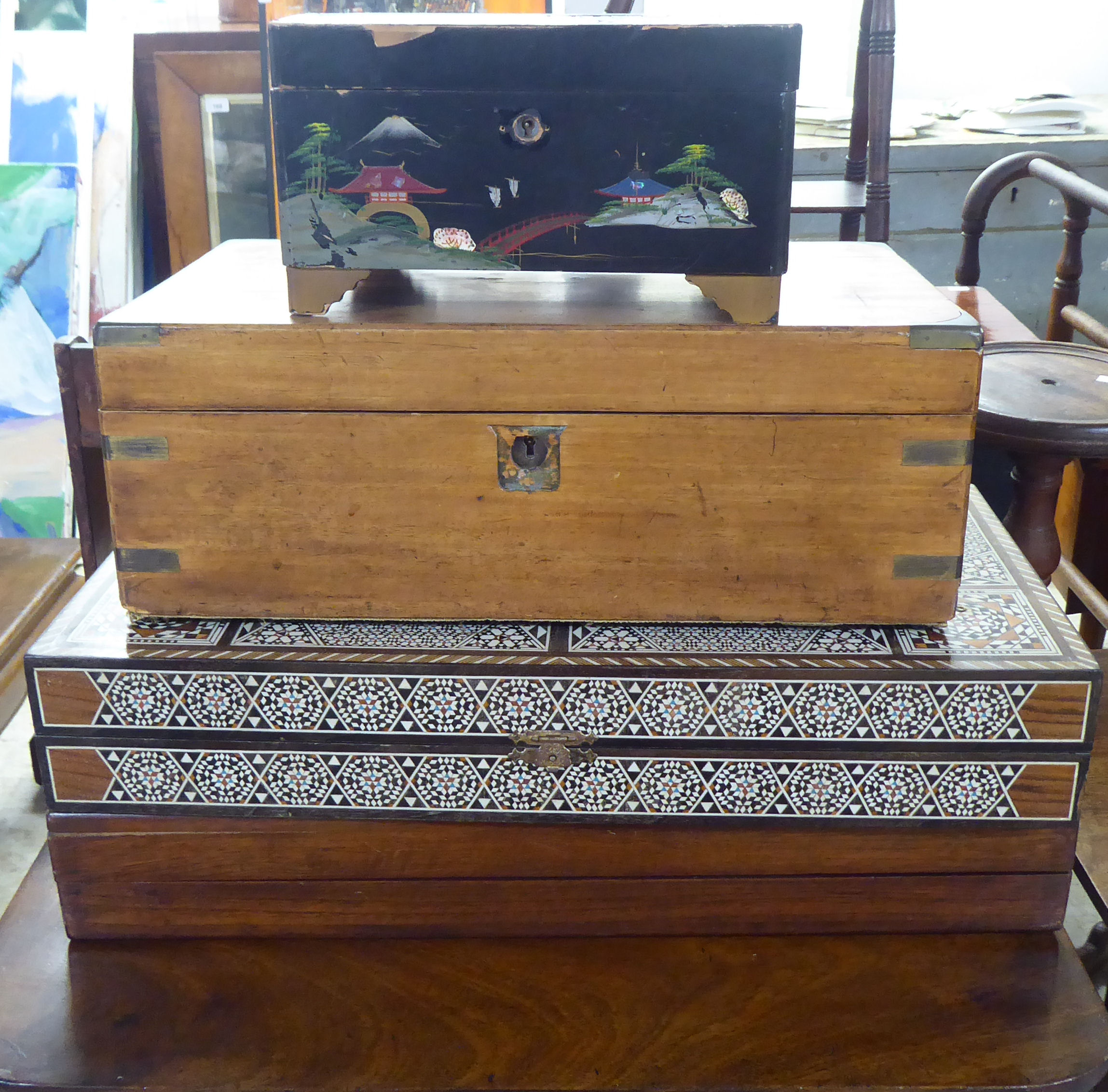 Wooden collectables: to include gaming boxes; and a late Victorian mahogany writing slope  6"h  16"w