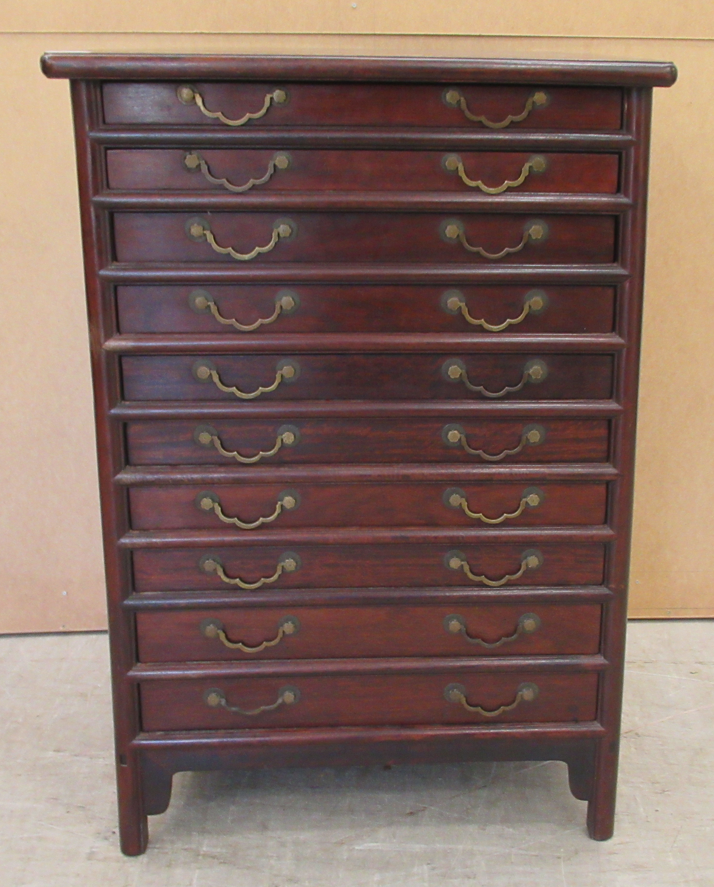 A 20thC Chinese hardwood ten drawer pedestal cabinet  34"h  23"w