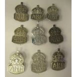 Nine silver ARP lapel and pin brooch badges, mainly hallmarked for the 1930s (Please Note: this