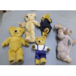 Five Merrythought Teddy bears: to include a golden plush covered example with mobile limbs  14.5"h