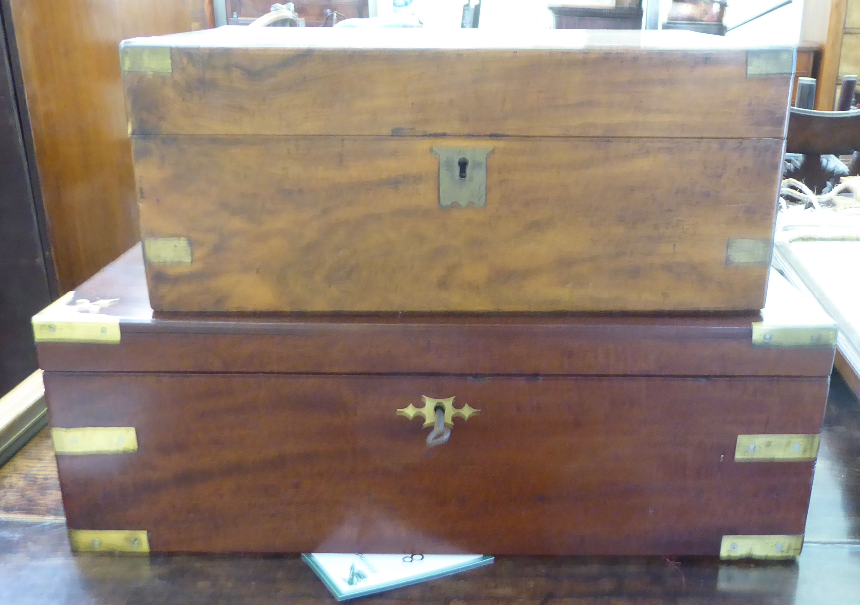 Two 19thC mahogany writing slopes with straight sides and hinged lids  6"h  14"w and 6"h  18"w