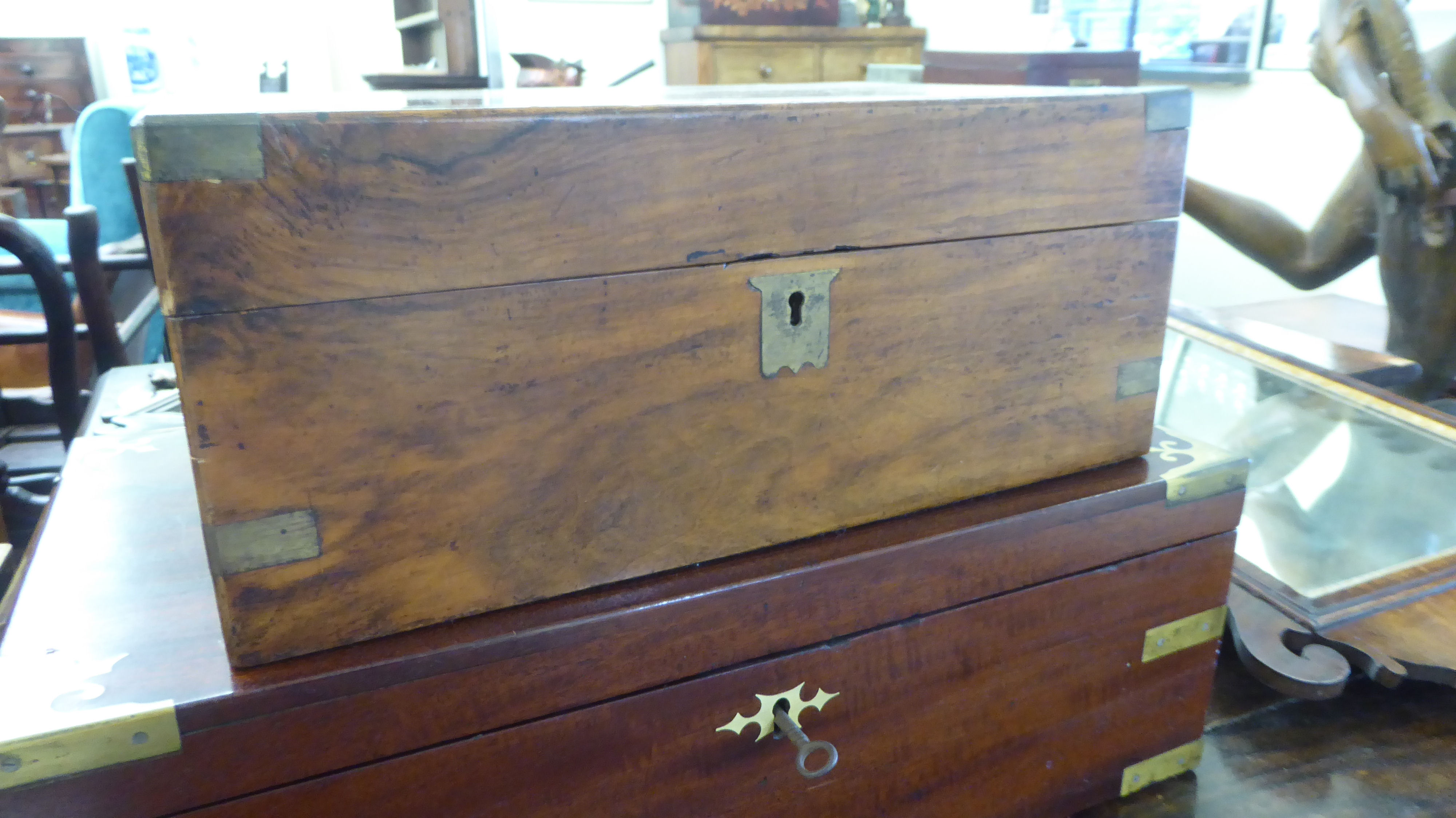 Two 19thC mahogany writing slopes with straight sides and hinged lids  6"h  14"w and 6"h  18"w - Image 2 of 6