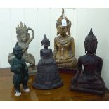 Modern Thai and other carved wooden and cast metal religiously themed figures  largest 11"h