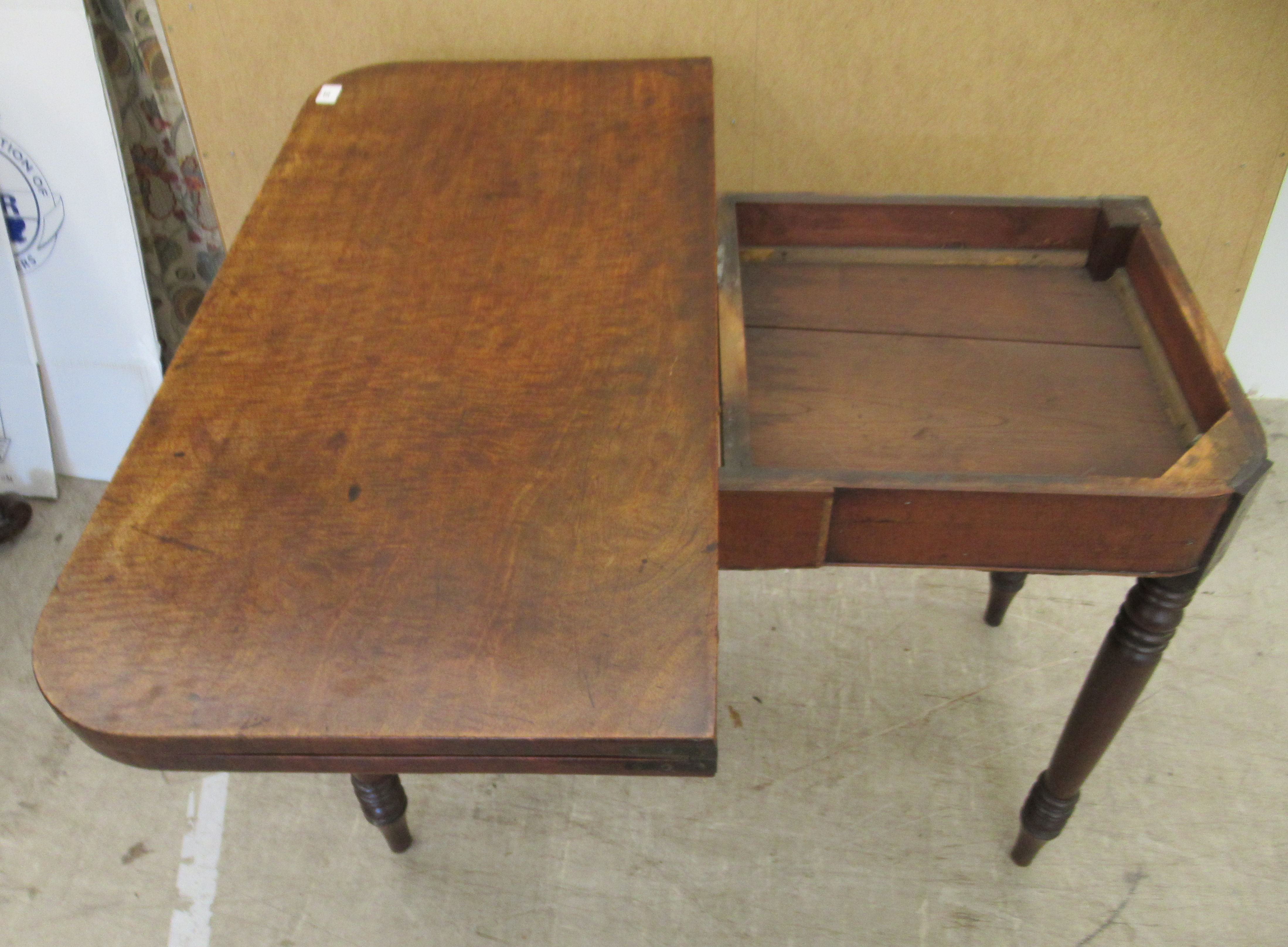 A George III mahogany bow front tea table, the rotating foldover top raised on ring turned, - Image 4 of 5