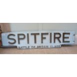 A mid 20thC overpainted cast metal sign for 'Spitfire, Battle of Britain Class'  9"h  37"w