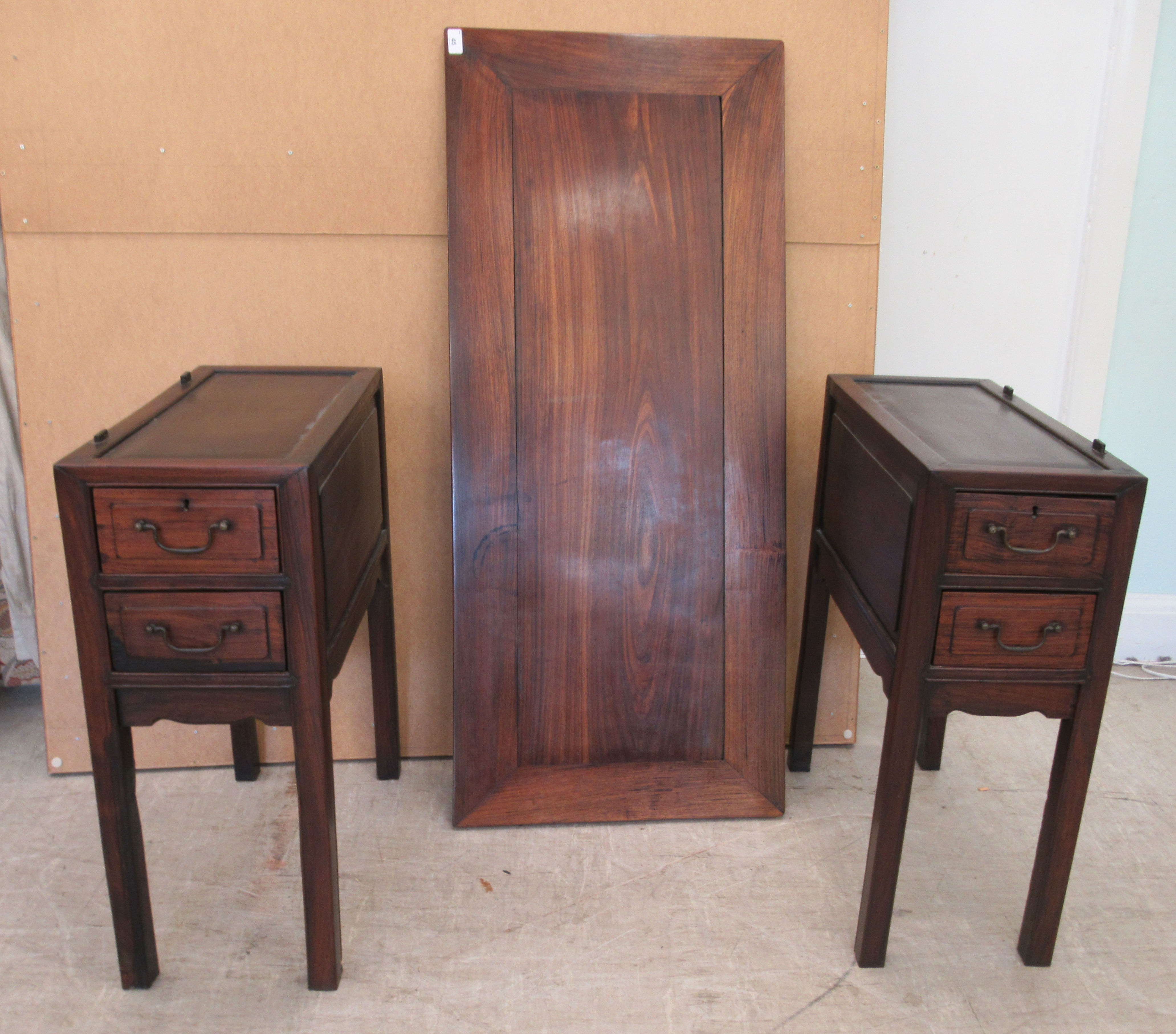 A 20thC Chinese mahogany desk with a platform top, on twin two drawer pedestals, raised on square - Image 6 of 6