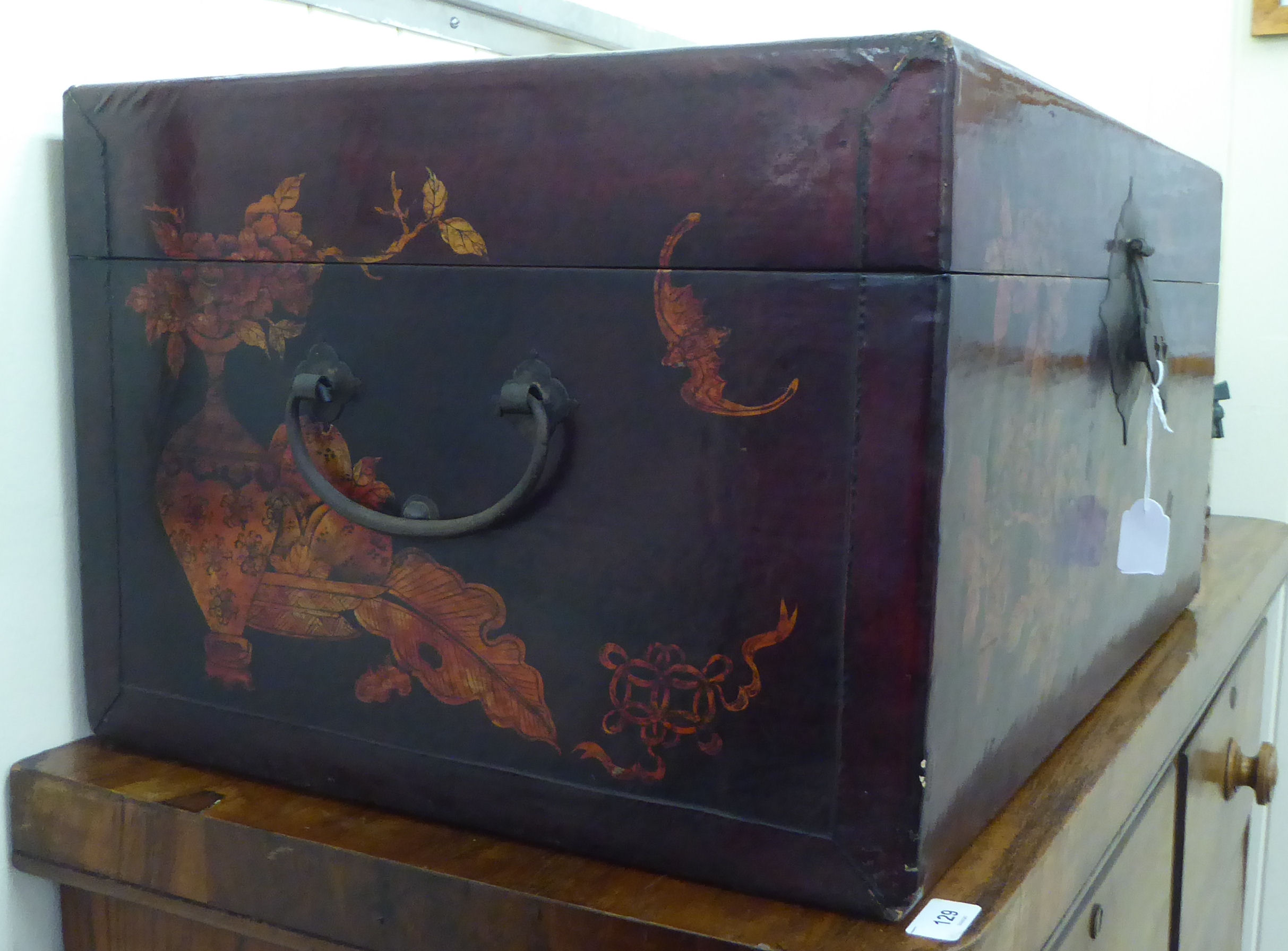 A 20thC Chinese painted blanket chest with straight sides and a hinged lid, on a plinth  14"h  27"w - Image 2 of 5