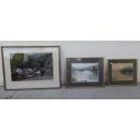 Three framed watercolours - landscapes  one bears an indistinct signature  largest 13" x 19"