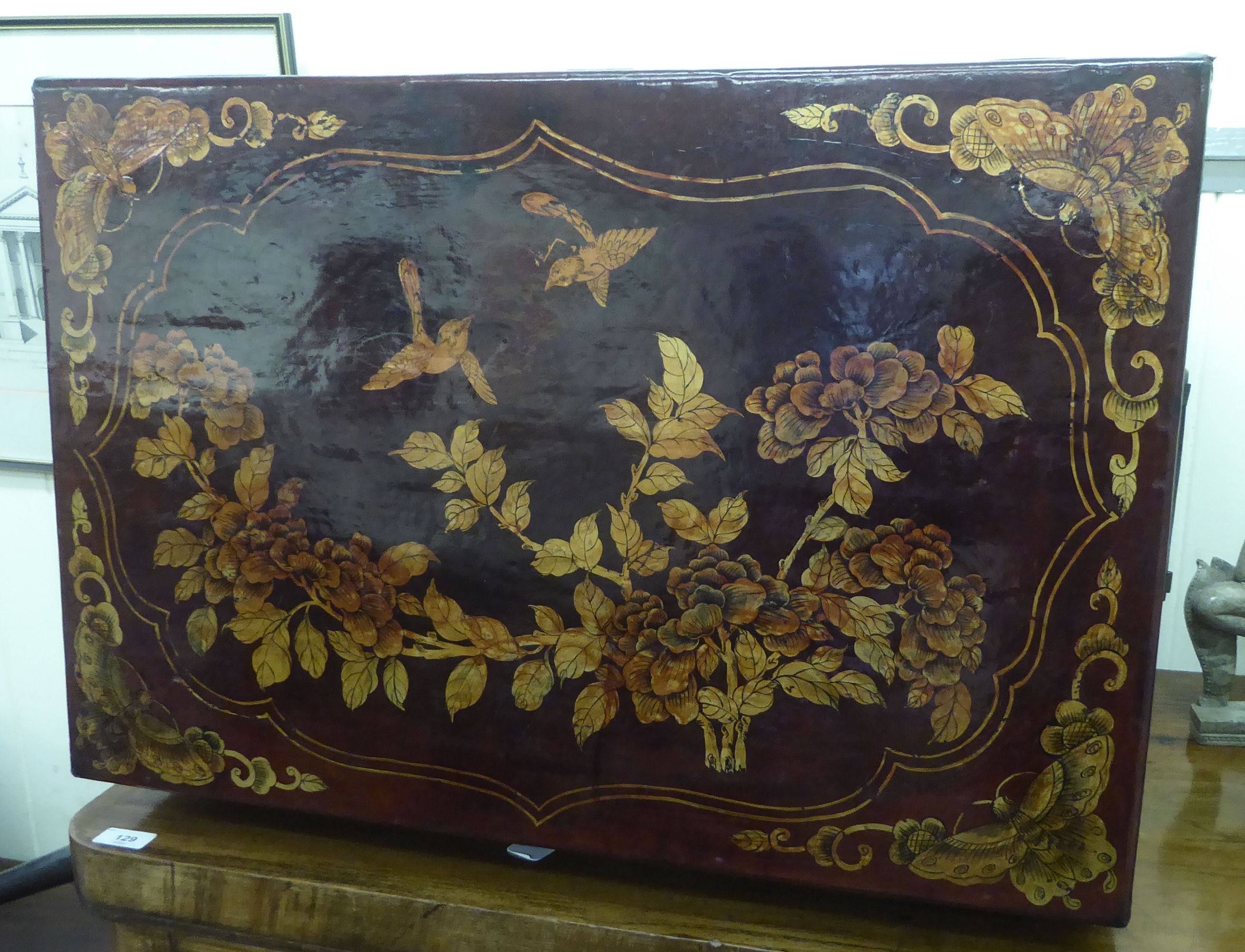 A 20thC Chinese painted blanket chest with straight sides and a hinged lid, on a plinth  14"h  27"w - Image 3 of 5