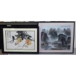 Two 20thC Chinese School watercolours - a mountainous riverscape; and a bird on a branch  both