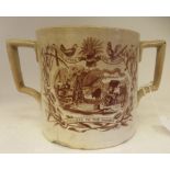 A 19thC BW & Co Farmers Arms earthenware, twin handled mug, decorated in monochrome brown with a