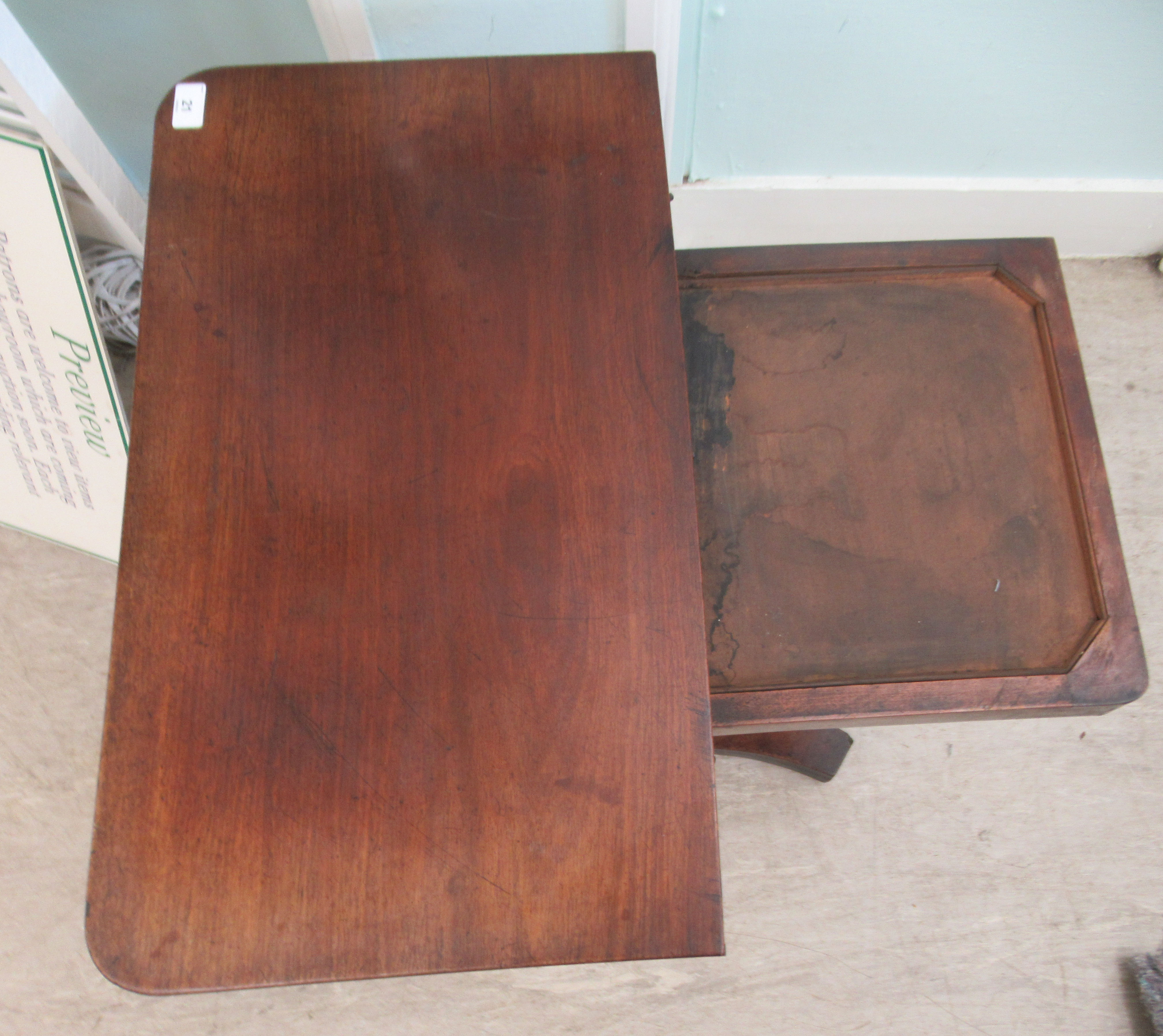 A Regency mahogany pedestal tea table with a rotating foldover top, on a splayed plinth  26"h  25"w - Image 3 of 4