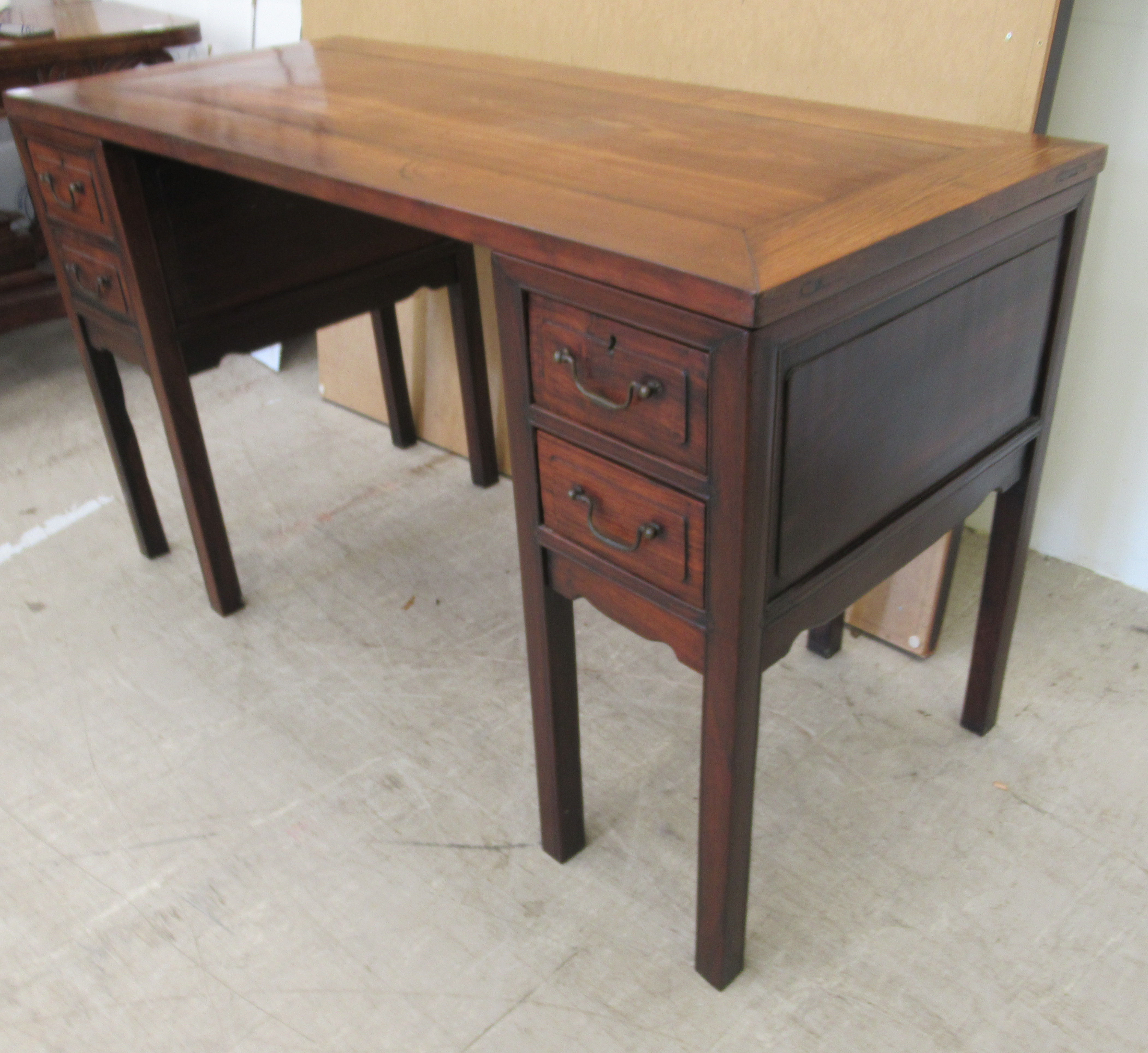 A 20thC Chinese mahogany desk with a platform top, on twin two drawer pedestals, raised on square - Image 3 of 6